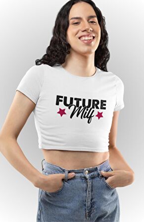 Future Milf Baskılı Beyaz Crop Top, Kadın Yıldız Baskılı Crop Bluz