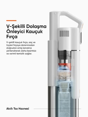 25.000Kpa Emiş Gücüne Sahip Kendisini Temizleyebilen BLDC, Şarjlı, Standlı Dikey Süpürge V500 Beyaz