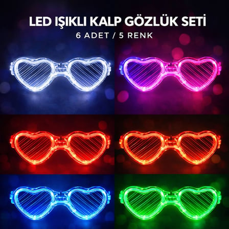 LED Işıklı Kalp Glow Pilli Parti Gözlüğü – 6 Adet / 5 Renk Set (5671) gotlthmngoxx