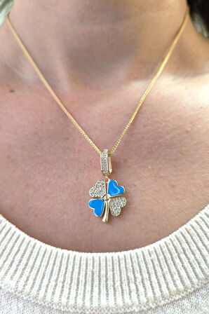 Taşlı Model Mavi Mineli Altın Yonca Kolye