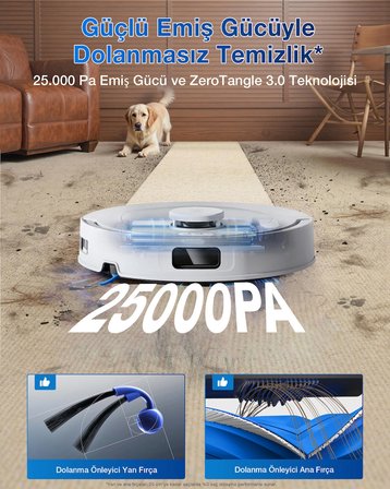 Ecovacs Deebot T30C Prime Omni Robot Süpürge, 25000 Pa Emiş Gücü, Otomatik Boşaltma, Sıcak Hava ile Kurutma 240 Dakika Çalışma Süresi, Hayvan Tüyleri ve Halılar Için Ideal