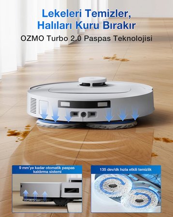 Ecovacs Deebot T30C Prime Omni Robot Süpürge, 25000 Pa Emiş Gücü, Otomatik Boşaltma, Sıcak Hava ile Kurutma 240 Dakika Çalışma Süresi, Hayvan Tüyleri ve Halılar Için Ideal