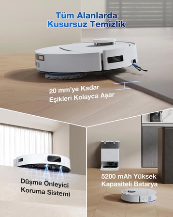 Ecovacs Deebot T30C Prime Omni Robot Süpürge, 25000 Pa Emiş Gücü, Otomatik Boşaltma, Sıcak Hava ile Kurutma 240 Dakika Çalışma Süresi, Hayvan Tüyleri ve Halılar Için Ideal