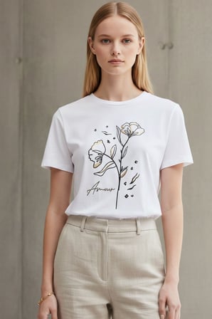 Kadın Beyaz Çiçek Baskılı Basic Tişört – Kısa Kollu Yuvarlak Yaka Pamuklu Günlük Tişört, T-shirt