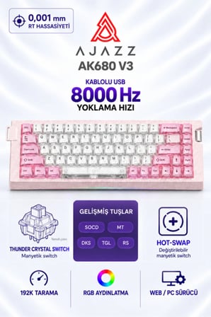AK680 V3 8000 Hz Manyetik RGB Oyuncu Klavyesi Beyaz Pembe Thunder Crystal