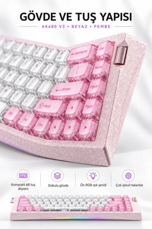 AK680 V3 8000 Hz Manyetik RGB Oyuncu Klavyesi Beyaz Pembe Thunder Crystal