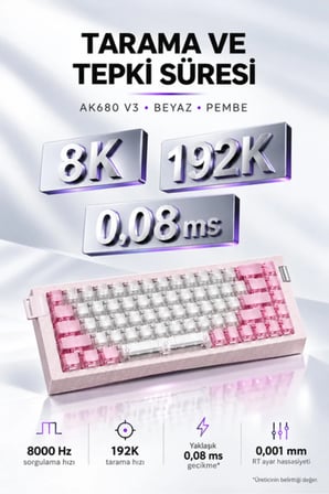 AK680 V3 8000 Hz Manyetik RGB Oyuncu Klavyesi Beyaz Pembe Thunder Crystal