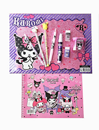 10 Parça Kuromi Kırtasiye Seti, Versatil Kalem, Yumurtlayan Kalem, Roket Silgi, Blister Silgi, Kalemtıraş, Çıtçıtlı Dosya, Resim Defteri (Kuromi Uno Hediyeli)