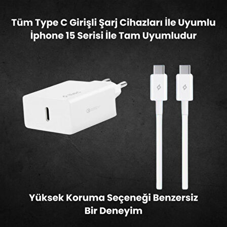 Ttec 20W PD Type C Girişli Şarj Adaptörü ve 1.2 Metre 65W  Type C Şarj Kablosu, Akım ve Isı Korumalı