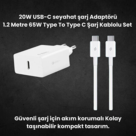 Ttec 20W PD Type C Girişli Şarj Adaptörü ve 1.2 Metre 65W  Type C Şarj Kablosu, Akım ve Isı Korumalı
