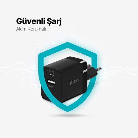 Polham Ttec PD 45W 1x Type C ve 1x USB Girişli Şarj Adaptörü, Akım ve Isı Korumalı Süper Hızlı Başlık