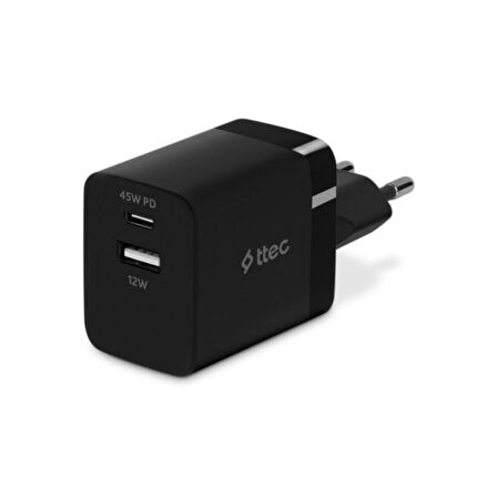 Polham Ttec PD 45W 1x Type C ve 1x USB Girişli Şarj Adaptörü, Akım ve Isı Korumalı Süper Hızlı Başlık