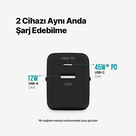 Polham Ttec PD 45W 1x Type C ve 1x USB Girişli Şarj Adaptörü, Akım ve Isı Korumalı Süper Hızlı Başlık
