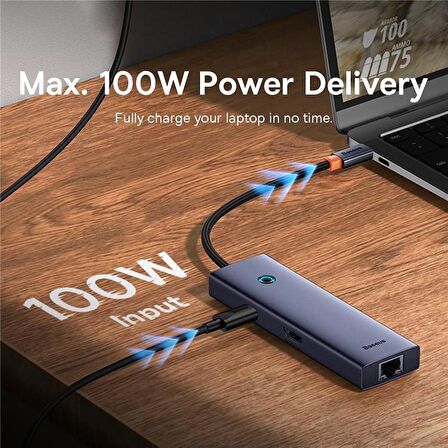 Baseus 100W 7in1 Çevirici Çoğaltıcı Adaptör, 3x USB, 2x Type C, 1x 60Hz HDMI, 1x RJ45, 1x TF-SD Girişli HUB