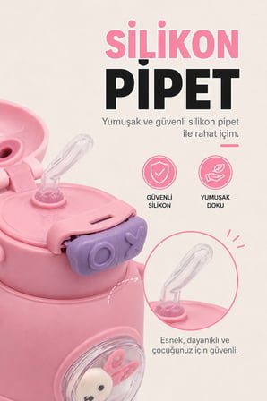 Patibon Astronot Figürlü Pipetli Çocuk Su Matarası / Matara (Omuz Askılı) - Sticker Hediyeli - Pembe