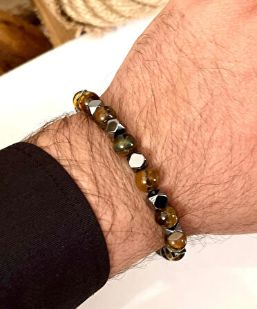Hematit&KaplanGözü Çelik Mixli Şık Erkek Bileklik 20-25cm uyumlu