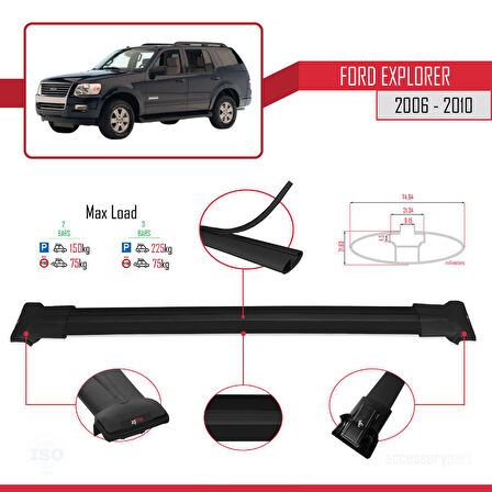 Ford Explorer 2006-2010 Arası ile Uyumlu FLY Model Ara Atkı Tavan Barı Siyah 2 Adet