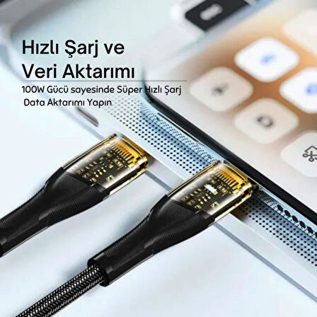 Essager Led Işıklı 2 Metre QC4.0 PD 100W Type C to Type C Şarj Kablosu 480Mbps Veri Aktarım Şarj Akım Korumalı