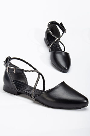 Bee Kadın Siyah Cilt Taş Detaylı Ortopedik Babet