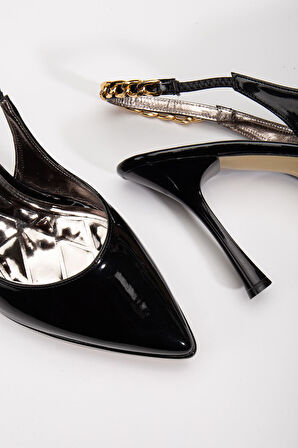 Essie Kadın Siyah Rugan Platformlu Sivri Burunlu Kalın Topuklu Ayakkabı