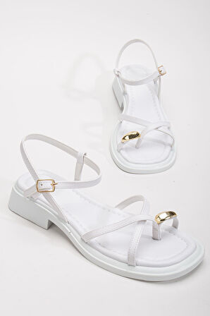 Kadın Beyaz Gold Yüzük Detaylı Günlük Sandalet 