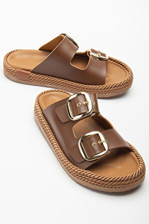Kadın Kahverengi Günlük Çift Tokalı Rahat Taban Hasır Sandalet Terlik