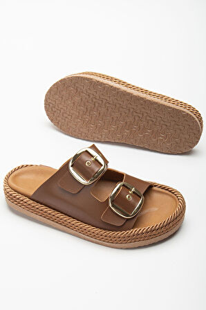 Kadın Kahverengi Günlük Çift Tokalı Rahat Taban Hasır Sandalet Terlik