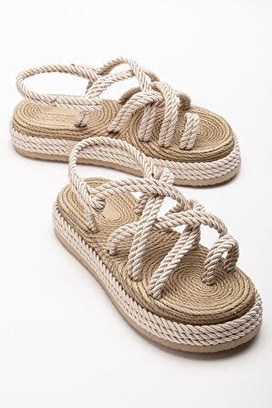 Bless Kadın Bej Günlük Rahat Taban Hasır Sandalet Terlik   