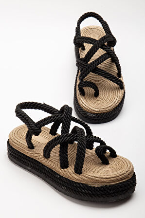 Bless Kadın Siyah Günlük Rahat Taban Hasır Sandalet Terlik  