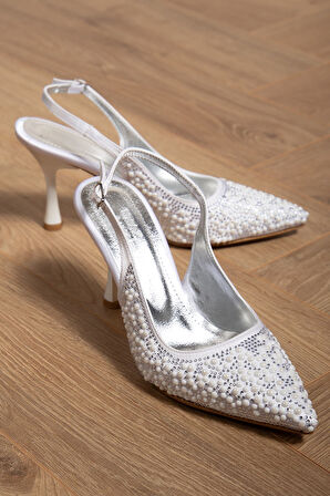 Blush Kadın Beyaz Saten İnci Detaylı Abiye Topuklu Kadın Ayakkabı