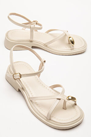 Kadın Bej Gold Yüzük Detaylı Günlük Sandalet  