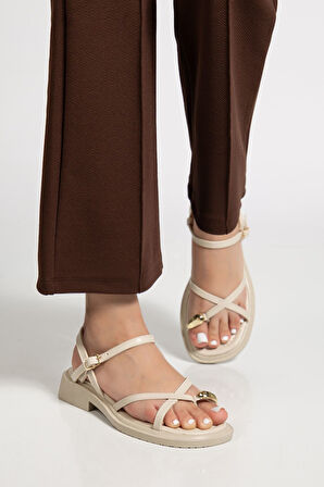 Kadın Bej Gold Yüzük Detaylı Günlük Sandalet  