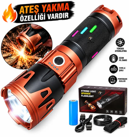 60W 6000 Lümen LED El Feneri – 1-2 KM Menzilli, Zoomlu, Ateş Yakma Özellikli, 4 Modlu, Type-C Şarjlı, Powerbank Özellikli