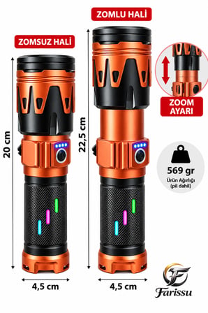 60W 6000 Lümen LED El Feneri – 1-2 KM Menzilli, Zoomlu, Ateş Yakma Özellikli, 4 Modlu, Type-C Şarjlı, Powerbank Özellikli