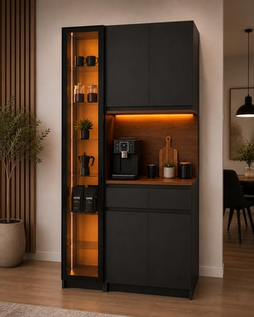  NOİR Kahve Köşesi 200x100x40 cm LED Aydınlatmalı Modern Kahve Dolabı Mutfak Bar Ünitesi
