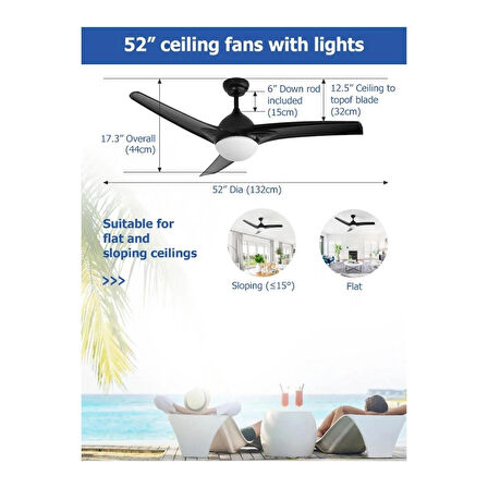 Dlc Favonıo 35W Bakır Motor Led Siyah Tavan Vantilatörü 132cm