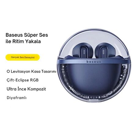 Baseus BT5.3V Oyun ve Müzik Modlu Mikrofonlu Bluetooth Kulaklık, Uzun Şarjlı Led Işıklı Gecikmesiz Kulaklık