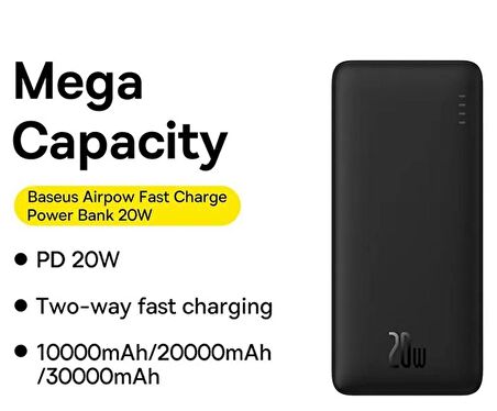 Baseus Ultra İnce 20W 10000mAh Süper Hızlı Taşınabilir Powerbank, Type C Kablolu Çip Korumalı Hafif Powerbank