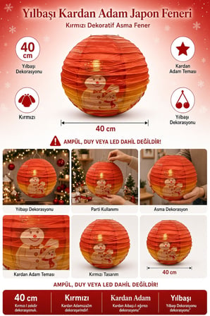 Japon Feneri Çin Feneri Yılbaşı Kırmızı Kardan Adam Temalı Dekoratif Asma Fener 40 cm