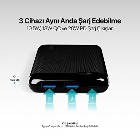 Ttec Süper Hızlı 20W 20.000mAh Yüksek Kapasiteli Powerbank, Dijital Göstergeli Akım Korumalı Powerbank