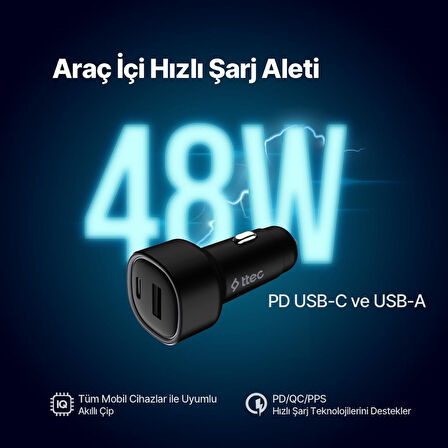 Ttec Süper Hızlı 83W 1xUSB ve 1x PD Type-C Araç Şarj Cihazı, 12/24V Çakmaklık Girişli Akım ve Isı Korumalı