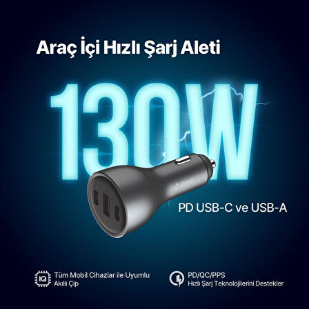 Ttec Süper Hızlı 130W 1xUSB ve 2x PD Type-C Araç Şarj Cihazı, 12/24V Çakmaklık Girişli Akım ve Isı Korumalı