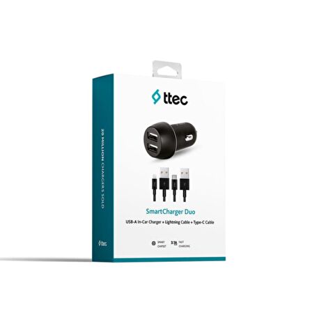 Ttec 15.5W 3.1A 1 Metre İphone Lightning ve 1.2 Metre Type C Kablolu Araç Şarj Cihazı, Akım ve Isı Korumalı