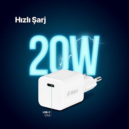 Ttec 20W 1x PD Type C Girişli Süper Hızlı Şarj Aleti, İphone, Samsung, Oppo, Xiaomi Uyumlu Şarj Adaptörü