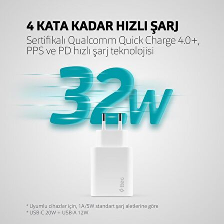Ttec 32W Süper Hızlı 1x PD Type C ve 1x USB Girişli Şarj Adaptörü, İphone, Samsung, Oppo, Xiaomi Uyumlu Şarj Adaptörü
