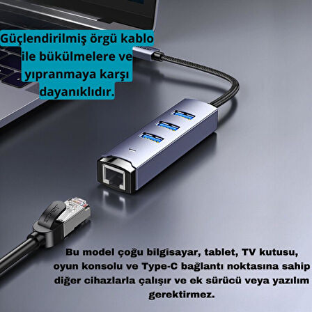 Polham Jazos 4in1 Type C to 1x 5Gbps RJ45 ve 3x USB Çoğaltıcı Okuyucu Adaptör, Klavye, Mouse Okuyucu