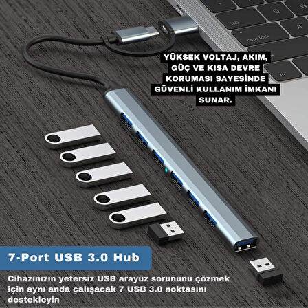 Polham 7in1 Type C/USB to 7x USB 3.0 Çoğaltıcı Okuyucu Hup Adaptör, Klavye, Mouse, Yazıcı, USB Okuyucu