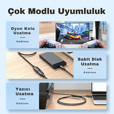 Jasoz 1 Metre  Dişi-Erkek USB Uzatma Kablosu, Yazıcı, Harddisk, Veri Aktarım, Şarj Uzatma Kablosu