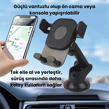 Polham Vantuzlu Torpido Üstü ve Cam için Araç İçi Telefon Tutucu, Teleskopik Ayarlanabilir Döner Başlık