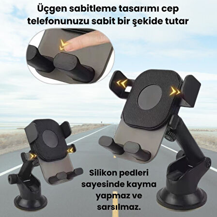 Polham Vantuzlu Torpido Üstü ve Cam için Araç İçi Telefon Tutucu, Teleskopik Ayarlanabilir Döner Başlık